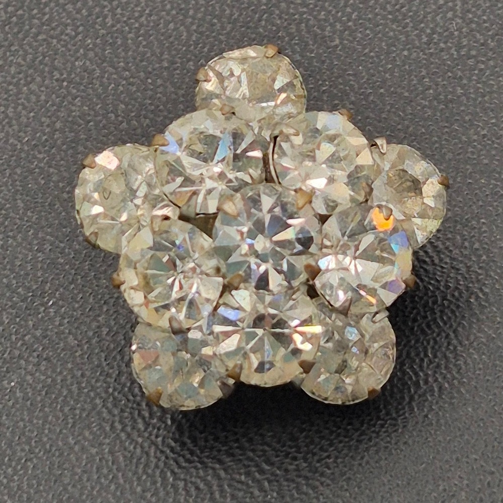Vintage Rhinestone Star Flower Brooch Pin Clear Silver Tone Cluster Mid Century